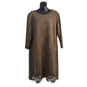 Kate & Mallory Sheath Dress Faux Suede Olive Green 3/4 Sleeves SZ XL